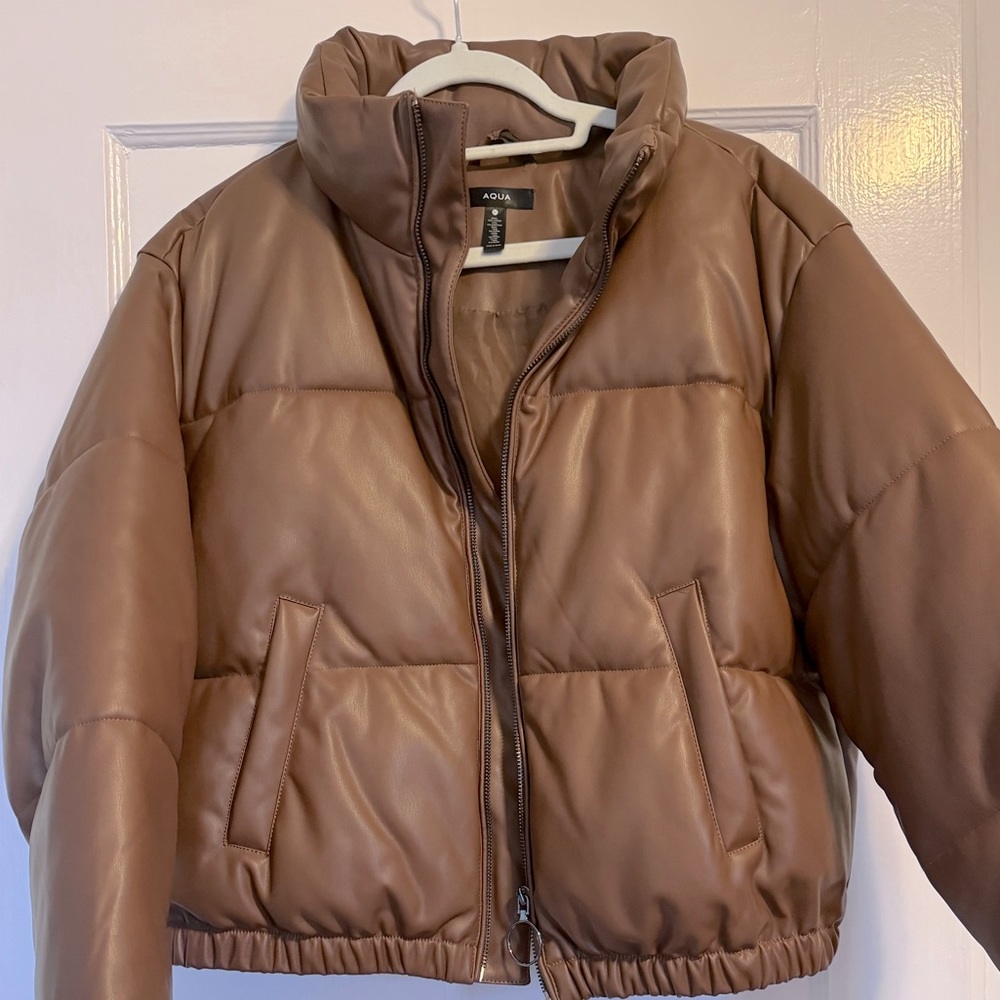 Aqua Brown Faux Leather Bomber Jacket